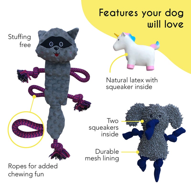 rocket & rex Dog Chew Toy Set for Small to Medium Breeds, Includes a Stuffing Free Rope, Rubber Squeaker and Plush Toy, Reduces Destructive Chewing & Anxiety (Pack of 3) - Image 3